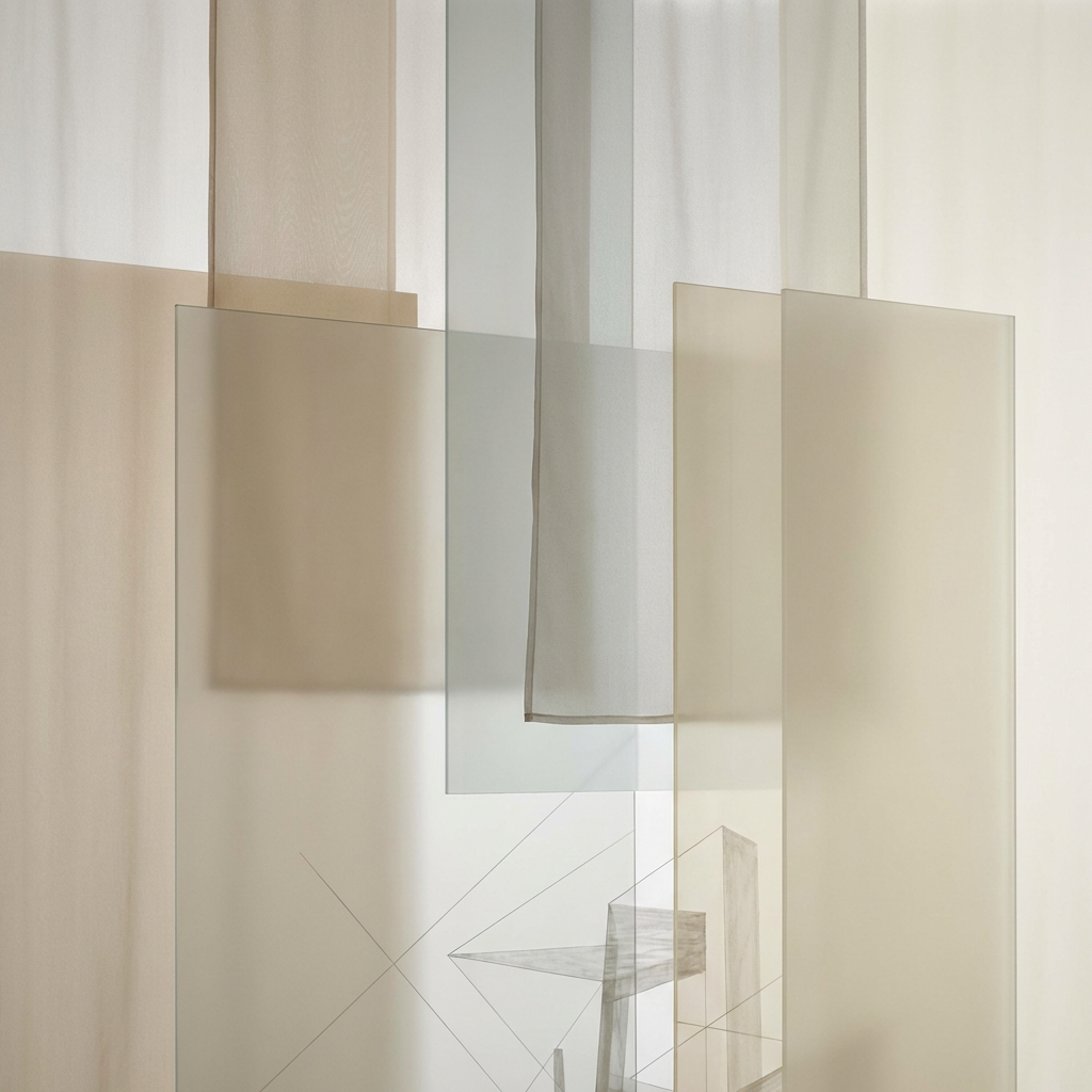 Layered translucent surfaces suggesting hidden structure beneath a calm surface