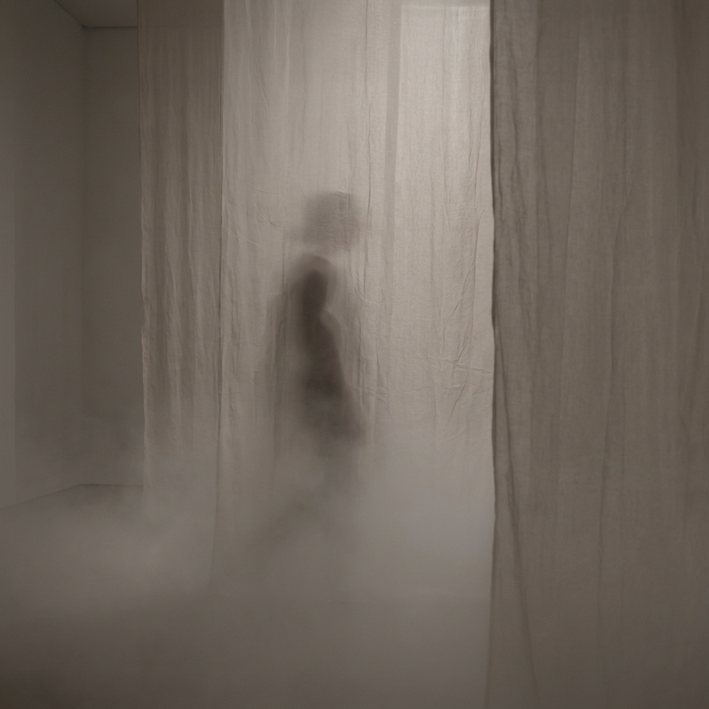 A partially obscured form behind translucent material, representing presence without clarity in design work